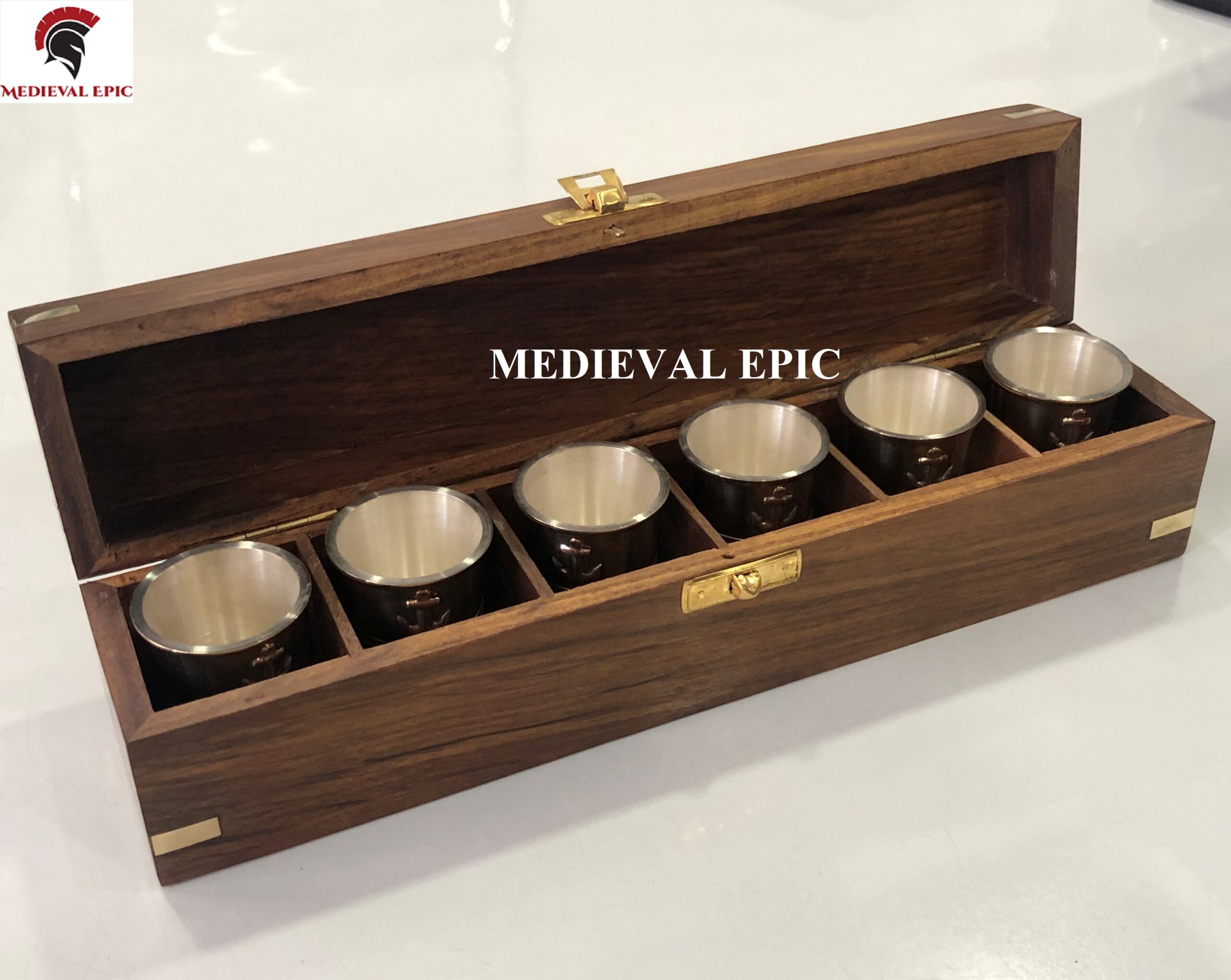 Details about   Brass Tequila Shot Glass with Anchor Monogram in Handmade Wooden Box Six Glass 
