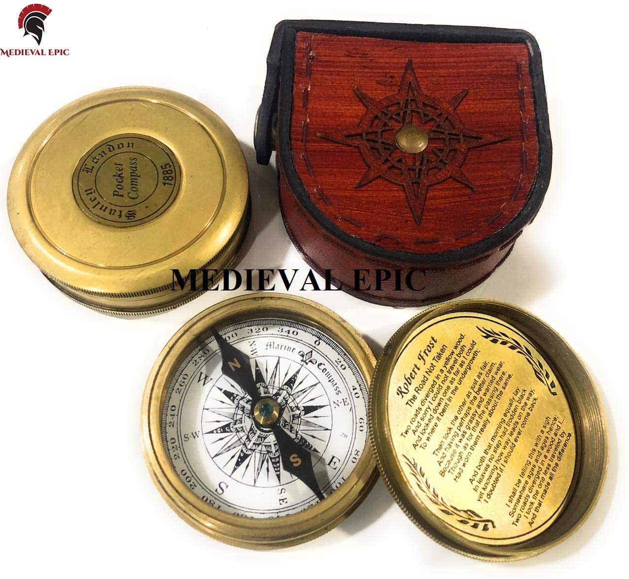Solid Brass Antique Compass Robert Frost Poem 2" Compass With Leather Case Gift 