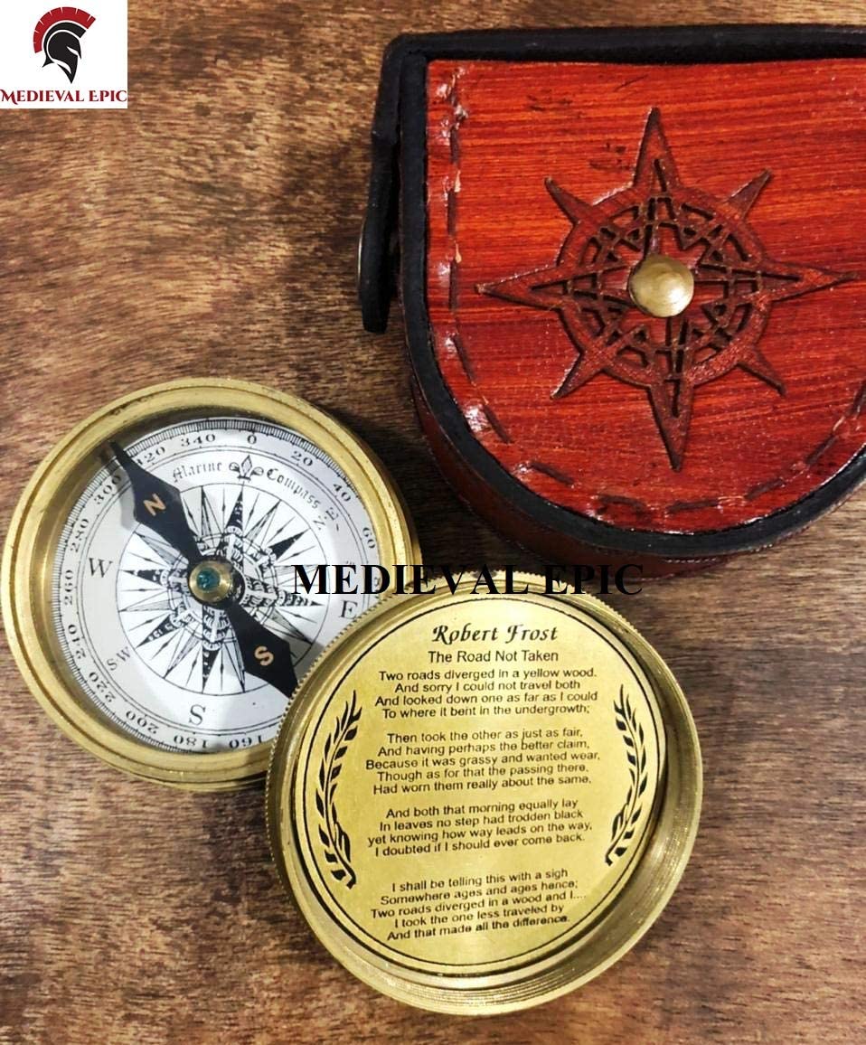 Details about   Brass Golden Robert Frost Poem Pocket Compass w/ Black Leather Case Great Gift 