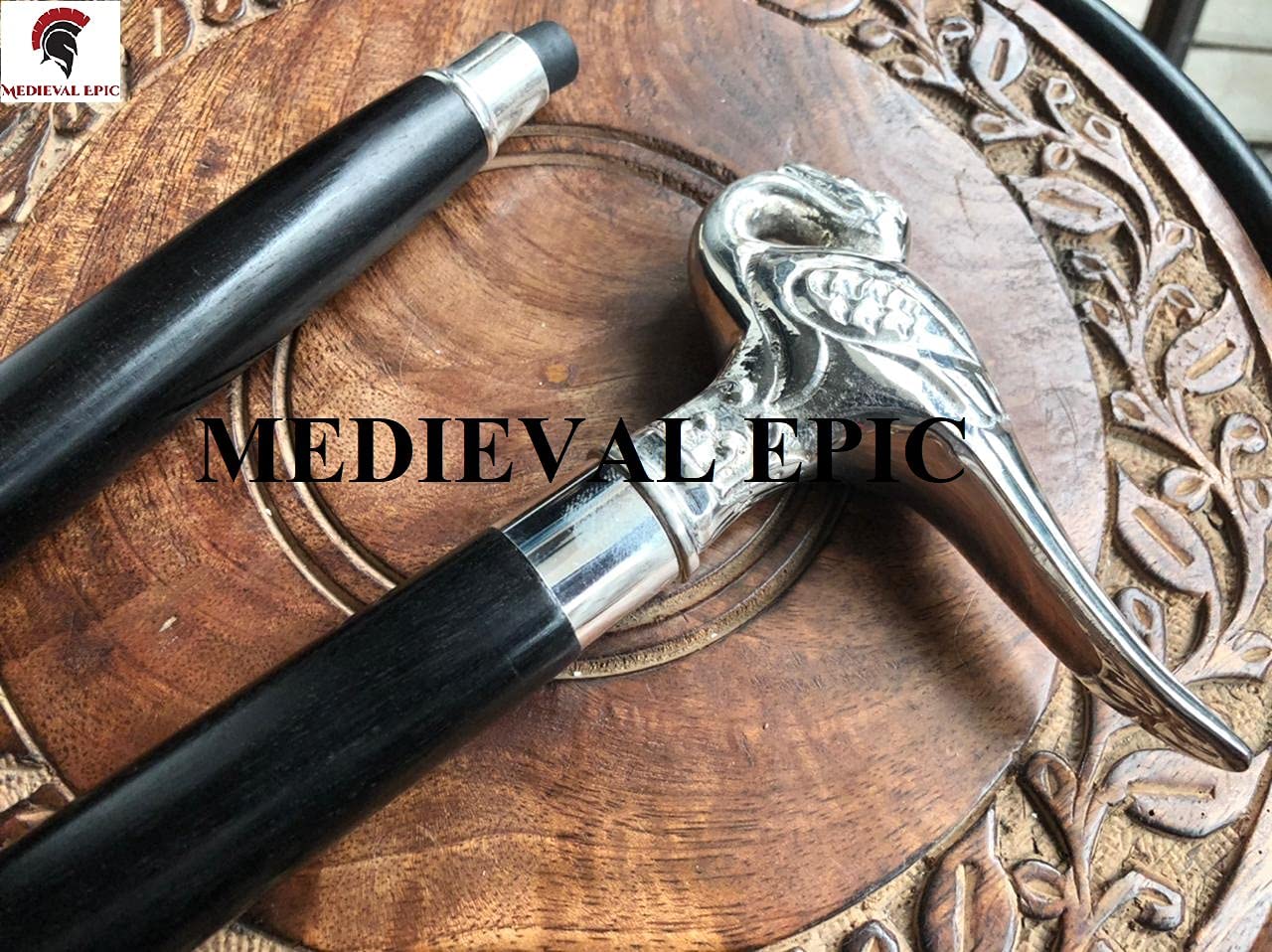 Medieval Epic Sterling Silver Swan Walking Stick w/Black Beechwood Shaft 