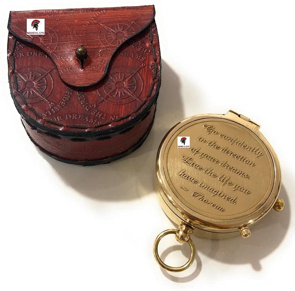 Direction Go Confidently Brass Compass Engraved with Stamped Leather Case 