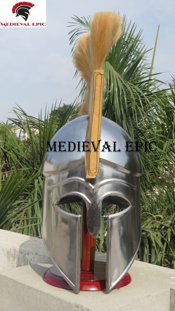 Medieval Greek Spartan Corinthian Helmet with Skin Plume Armour Helmet - Image 4