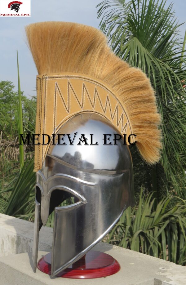 Medieval Greek Spartan Corinthian Helmet with Skin Plume Armour Helmet - Image 3