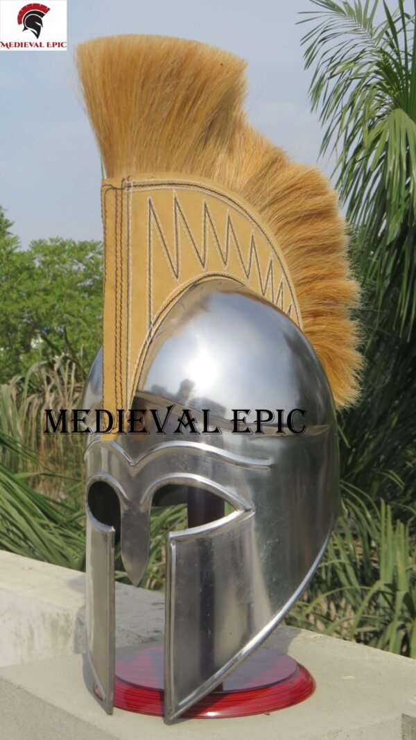 Medieval Greek Spartan Corinthian Helmet with Skin Plume Armour Helmet - Image 2